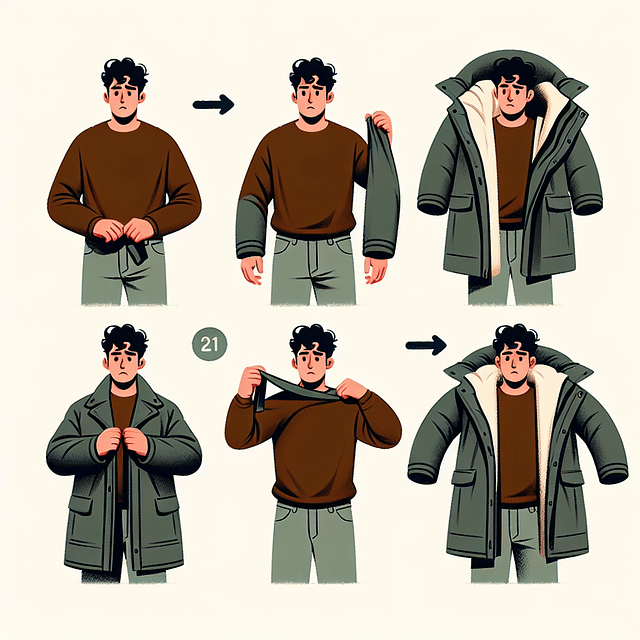 man trying on a long parka