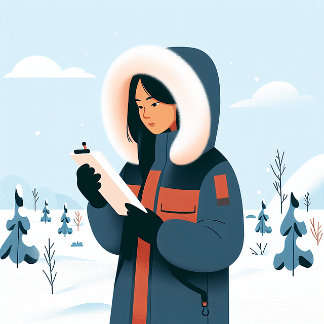 person wearing a parka in a snowy environment for field testing